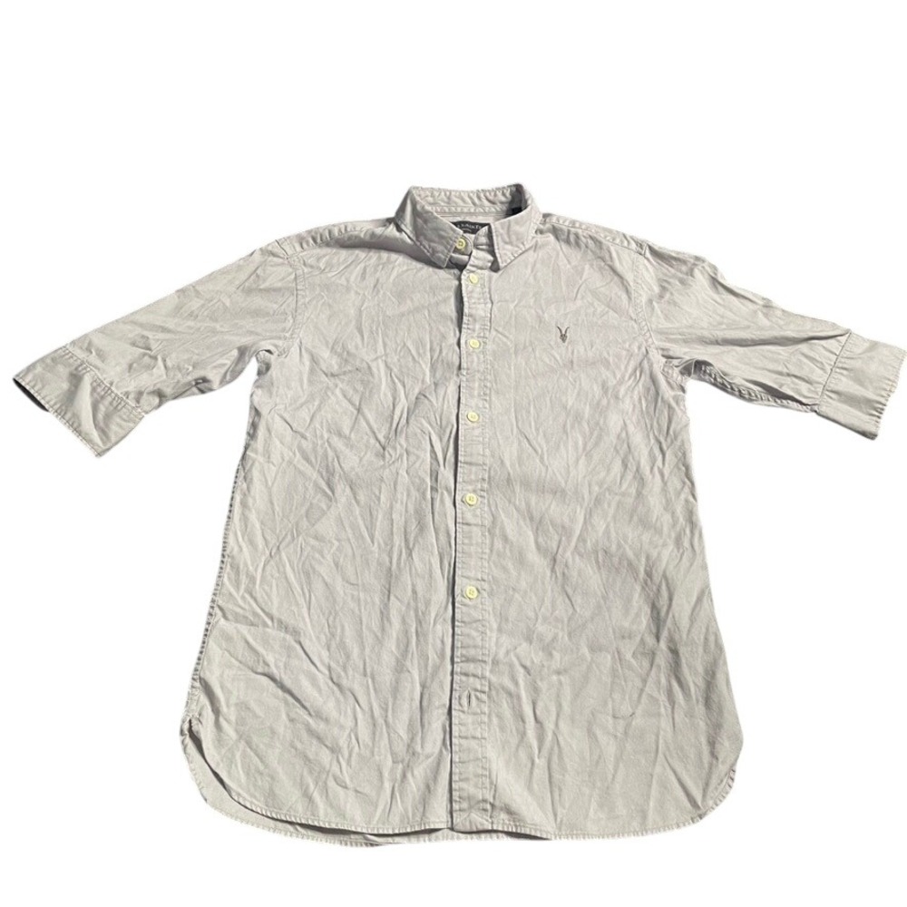 AllSaints Redondo HS Shirt Mens XS Grey Skull Logo Button Down 3/4 Sleeve Cotton